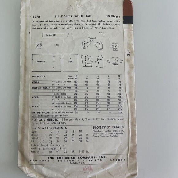 Vintage 1950’s Butterick Girls’ Dress With Cape Collar Sewing Pattern #6372 - Picture 2 of 3